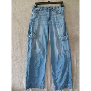 American Eagle Sz 4 Long Cargo Jeans Super High Rise Baggy Wide Leg Stretch Blue